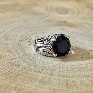 Premier Designs Dark Red Ring Size 7- Silver Tone Red Rhinestone